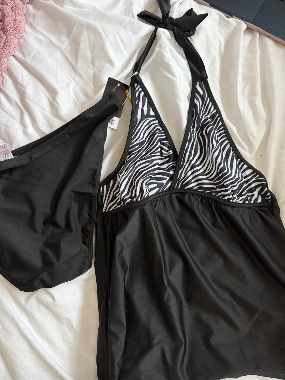 Black Halter Tankini Top with Zebra Print Accents NWT